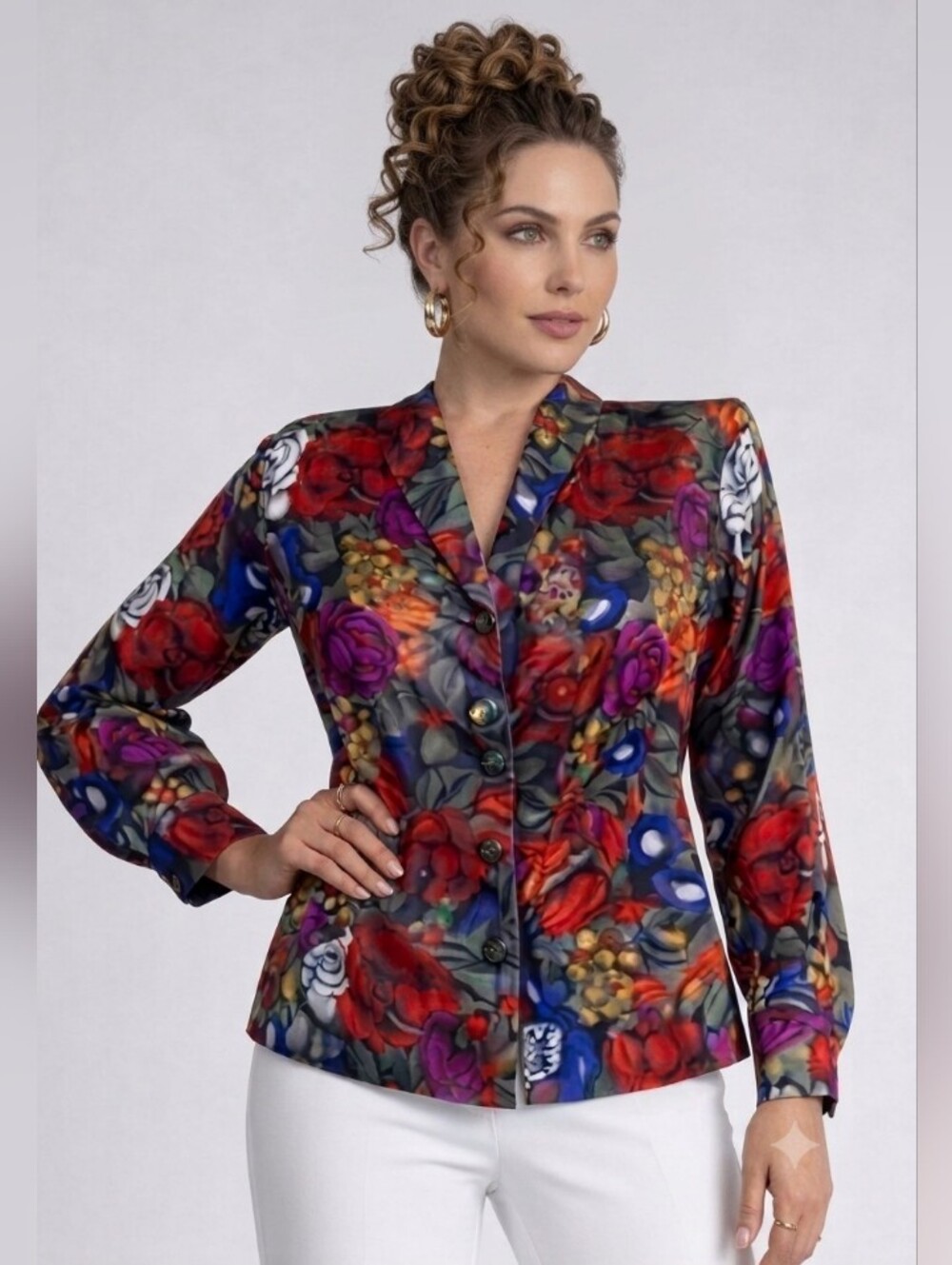 Martinique Floral Shawl Collar Blouse Pullover Faux Button Font Gem Colors 8